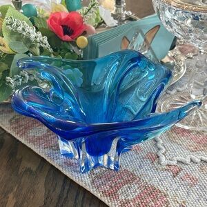 Blue Handblown Glass Decorative Bowl - Home Art